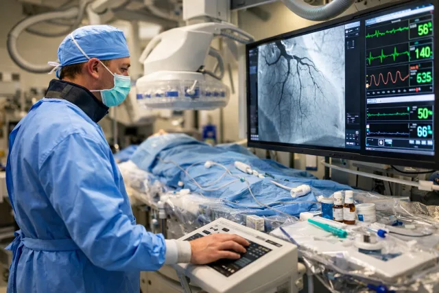 Cath Lab Tech assisting cardiologist during cardiac catheterization procedure in a hospital cath lab