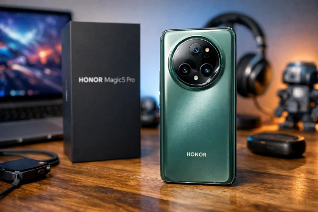 Geekzilla.tech Honor Magic 5 Pro in hand showing curved display and camera module