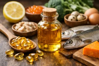 Gold Liver Oil bottle showing omega 3, vitamin A and vitamin D on label