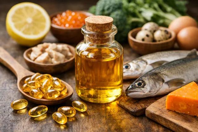 Gold Liver Oil bottle showing omega 3, vitamin A and vitamin D on label