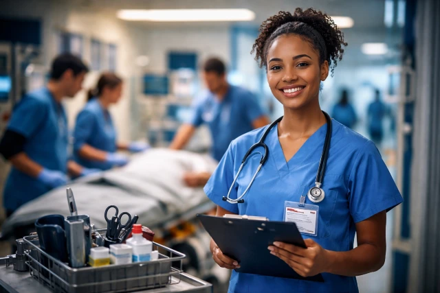 Nurse Tech Emergency Department assisting ER nurse with vital signs and patient transport in a busy emergency room