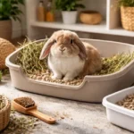 Rabbit litter box setup with paper-based litter and hay rack for easy training and odor control