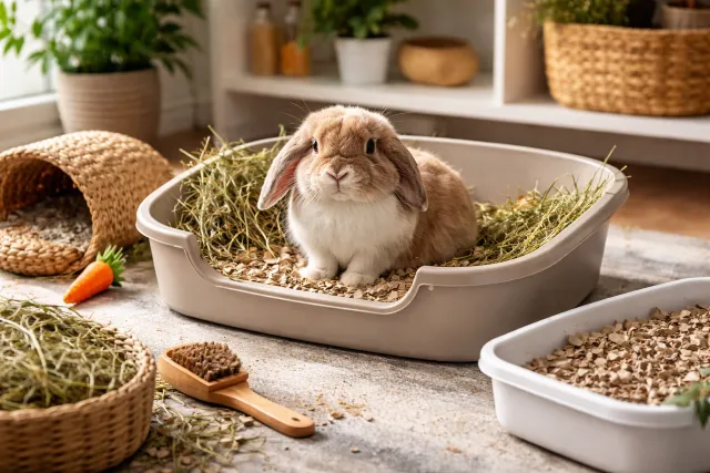 Rabbit litter box setup with paper-based litter and hay rack for easy training and odor control
