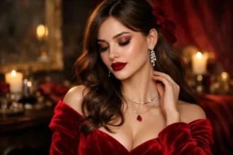 Redvelveteen beauty look with velvet berry lipstick, soft blush, brown liner, black blazer and burgundy accessories