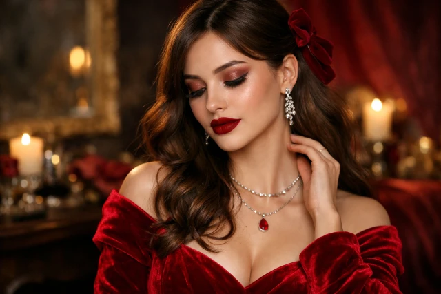 Redvelveteen beauty look with velvet berry lipstick, soft blush, brown liner, black blazer and burgundy accessories