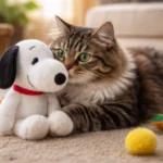 Snoopy Stuffed Animal on the floor while a curious cat sniffs and paws at it during playtime