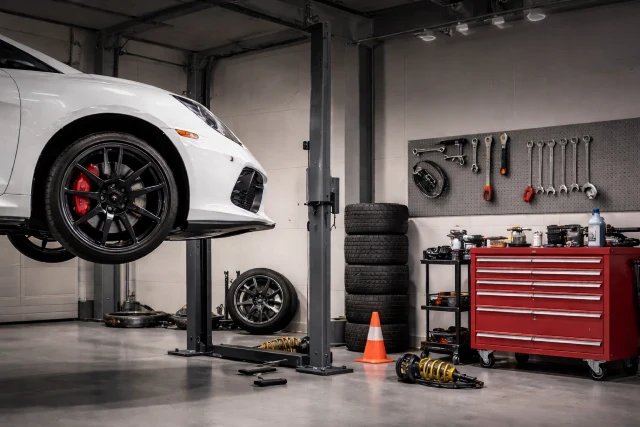 Active Cornering Enhancement garage setup with tire gauge, inflator, LED lights, jack stands, and brake inspection tools for safer car handling