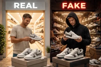 BestShoeSeverShop Fake vs Real comparison showing how to identify authentic online shoe stores