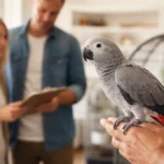 For Sale African Grey parrot with healthy feathers sitting on a perch in a reputable US breeder setting