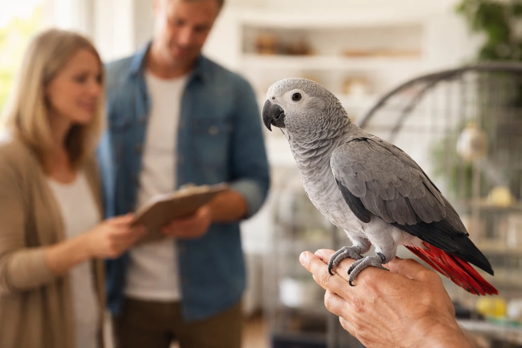 For Sale African Grey parrot with healthy feathers sitting on a perch in a reputable US breeder setting