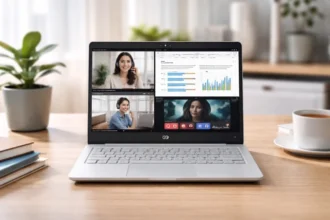 HP Laptop 14s Cf1xxx used for work study and streaming on a modern desk setup