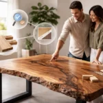 Live Edge Dining Table in a modern dining room with natural wood grain, upholstered chairs, and a black metal base