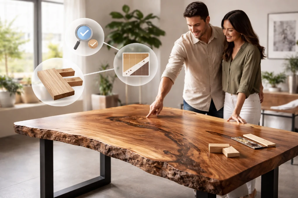 Live Edge Dining Table in a modern dining room with natural wood grain, upholstered chairs, and a black metal base