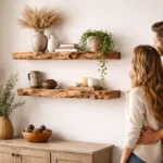 Live Edge Floating Shelves in a modern rustic living room with natural wood grain, neutral decor, black accents, and soft lighting