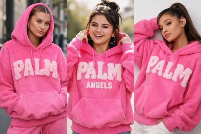 Celebrity wearing Pink Palm Puff Hoodie street style outfit