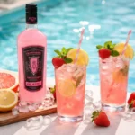 Pink Whitney summer cocktails with fresh fruit and ice