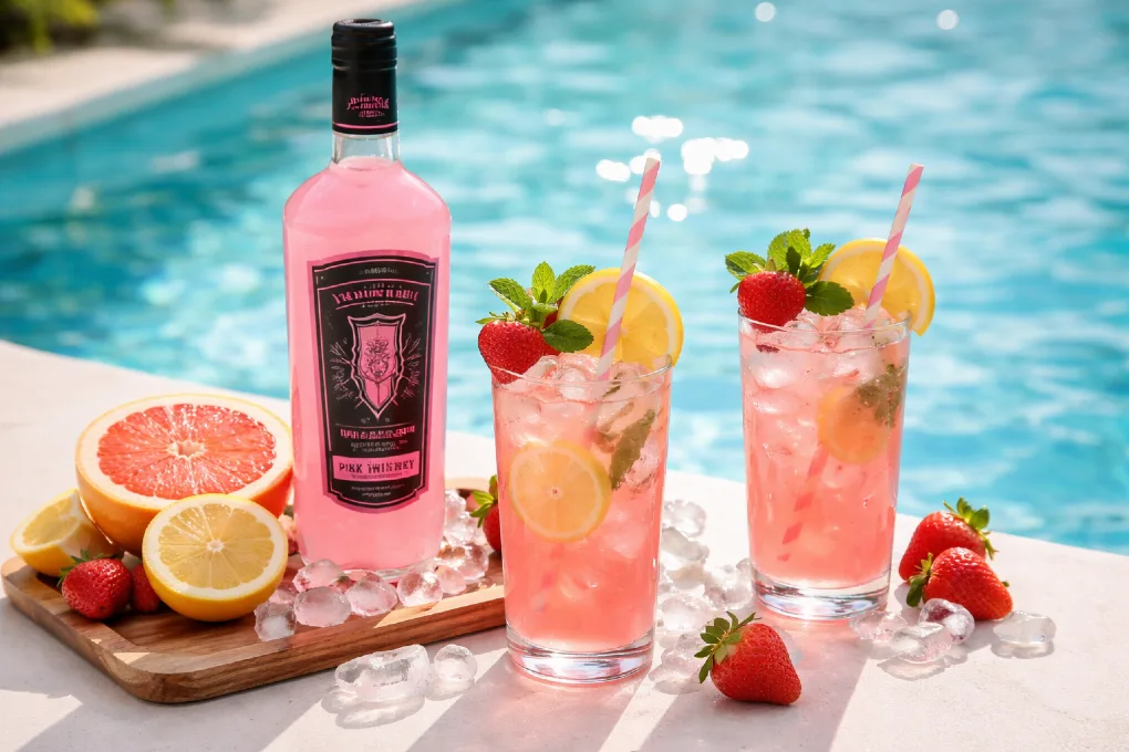 Pink Whitney summer cocktails with fresh fruit and ice
