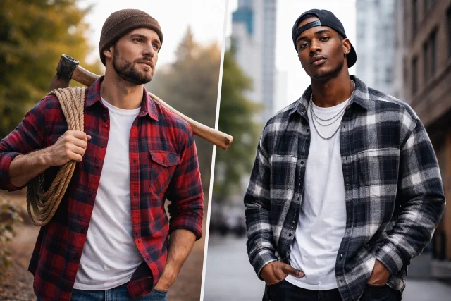 Plaid Shirt Clothing styled from classic lumberjack fashion to modern streetwear outfit