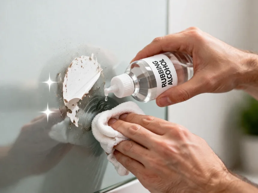 Rubbing Alcohol for Sticker Residue being used to remove sticky label glue from a glass jar