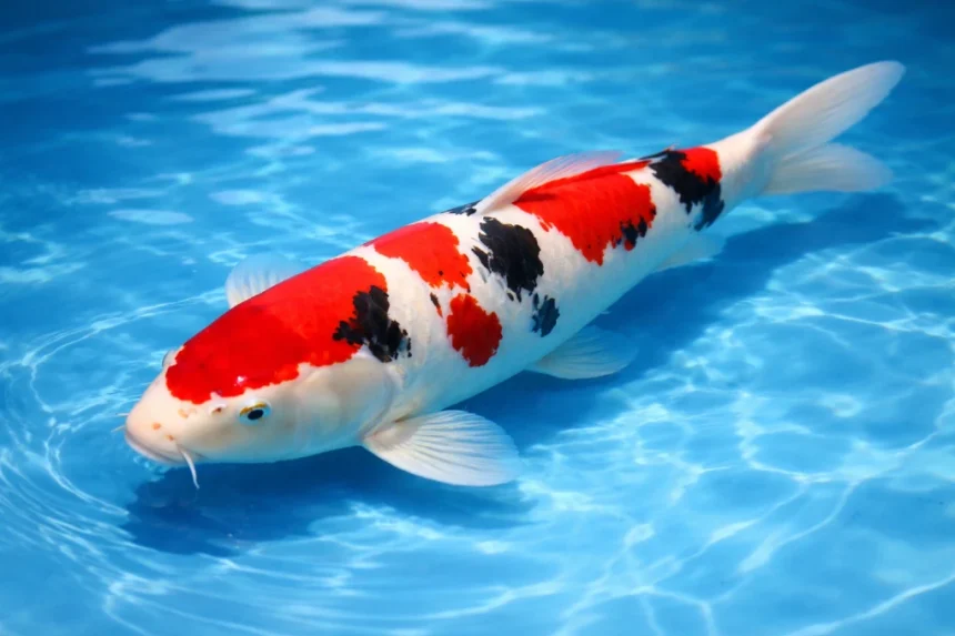 Sanke koi fish with white skin, red pattern, and black markings swimming in a clear garden pond