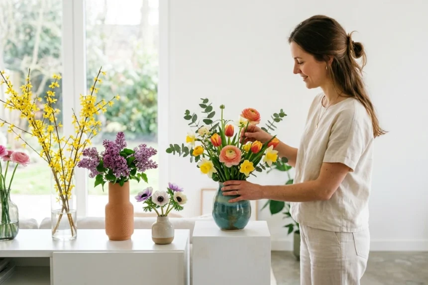 Shop Spring Vase display with glass and ceramic spring floral arrangements in a bright living room