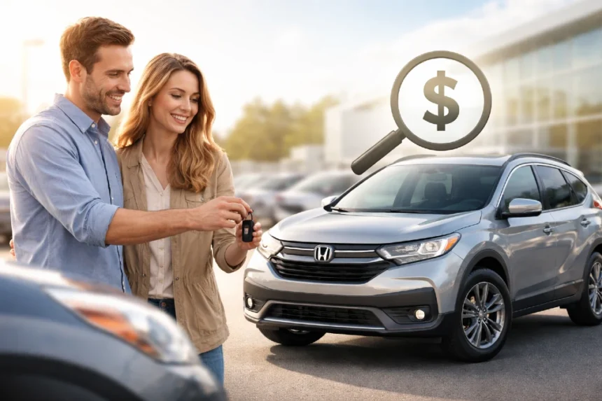 Used Honda CRV parked at a local dealership while a buyer compares prices and vehicle condition