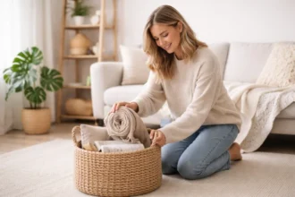 Burr Basket on an entryway console holding keys, mail, and everyday essentials to keep the space neat