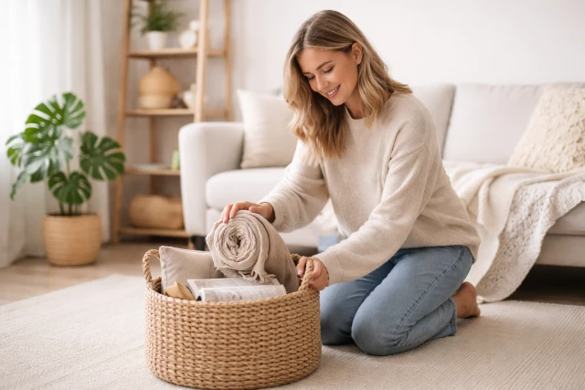 Burr Basket on an entryway console holding keys, mail, and everyday essentials to keep the space neat