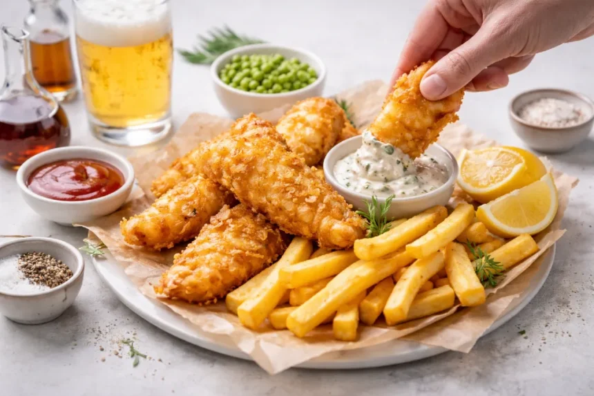 crispy рыба и картофель фри served with fries and dipping sauces