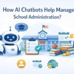 AI chatbot managing school tasks like scheduling, finance, and administration with books, calendar, calculator, and school building.
