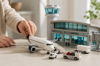 Airport Terminal Playset Delta with airplane, service vehicles, signs, and terminal-themed accessories for imaginative airport play