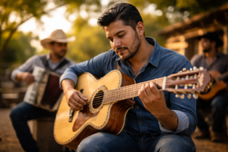 Bajo Quinto player performing traditional regional Mexican music on stage