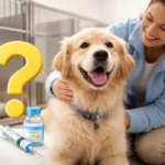 A veterinarian administering a Bordetella vaccine to a golden retriever in a clinic.