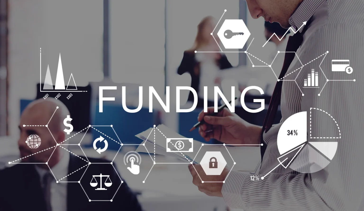 Image of a businessman reviewing documents, overlaid with financial icons and graphs. The word 'FUNDING' is prominently displayed, suggesting a focus on financial analysis or investment.