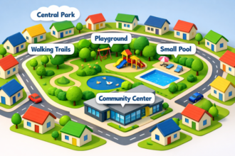 Colorful illustration of a neighborhood with labeled areas: Central Park, Playground, Small Pool, Walking Trails, and Community Center. Houses encircle the park.
