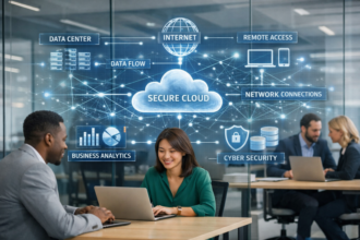 A professional office setting with people working on laptops. A digital graphic shows terms like "Secure Cloud" and "Cyber Security," conveying a tech-focused theme.