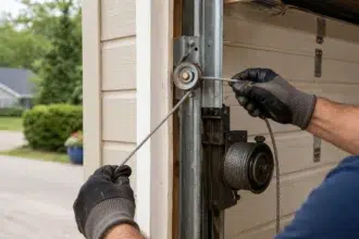 Technician performing garage door cable replacement near me service on a residential garage door
