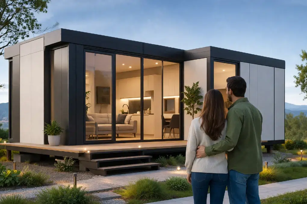 Homers Modular modern prefab home with terrace and large glass windows