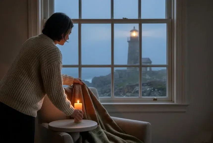 Lighthouse Warmer styled in a cozy coastal living room with soft lighting and neutral decor