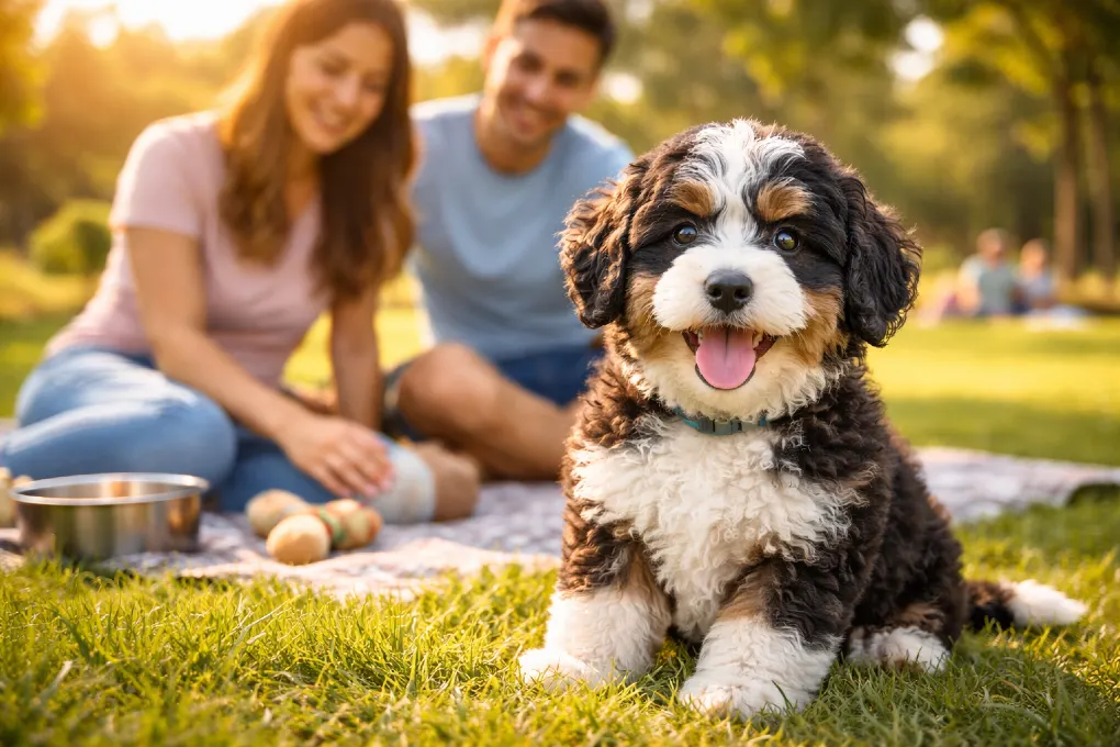 Mini Bernedoodle standing outdoors with a fluffy wavy coat and friendly expression