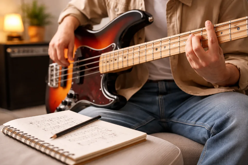 A close-up of a bassist's hand playing melodic notes on a fretboard representing the most beautiful bass scales.
