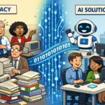 Illustration contrasting cluttered legacy systems with calm, efficient AI solutions. On the left, stressed workers and paper piles; on the right, a robot and smiling staff.