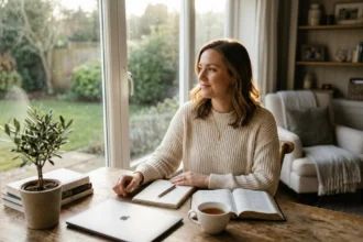 A modern woman reflecting on balance and strength as a Proverbs 31 Woman in a peaceful setting.