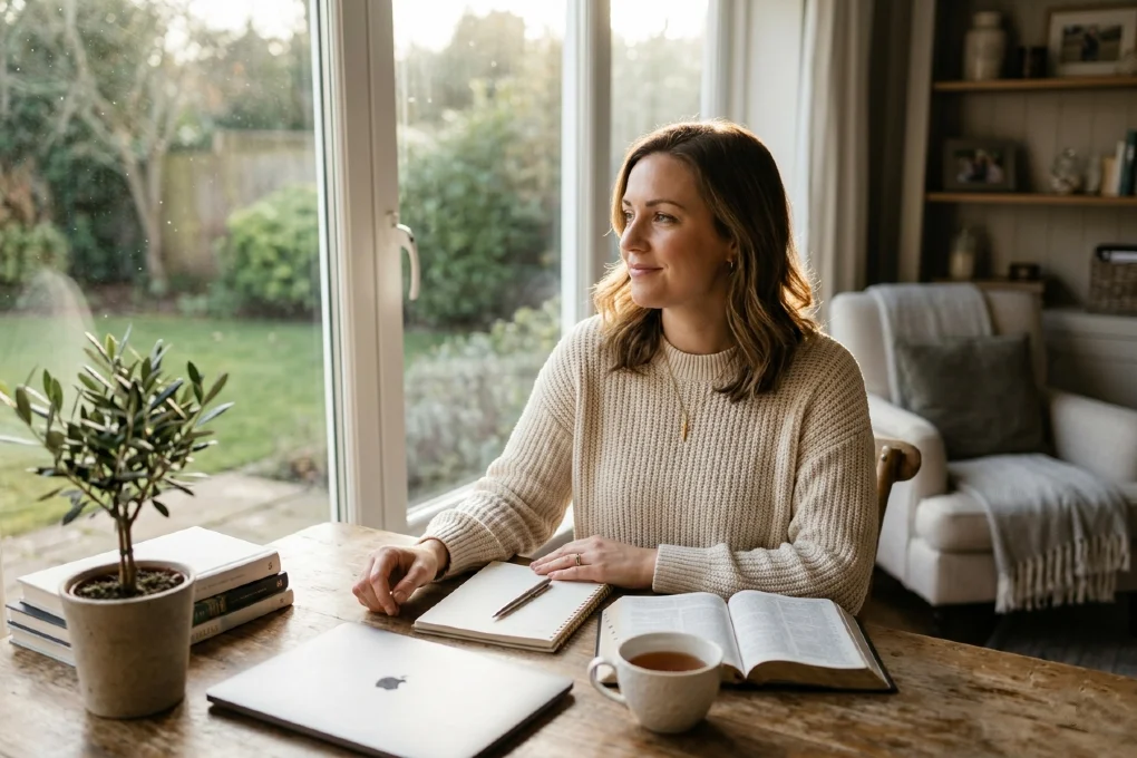 A modern woman reflecting on balance and strength as a Proverbs 31 Woman in a peaceful setting.