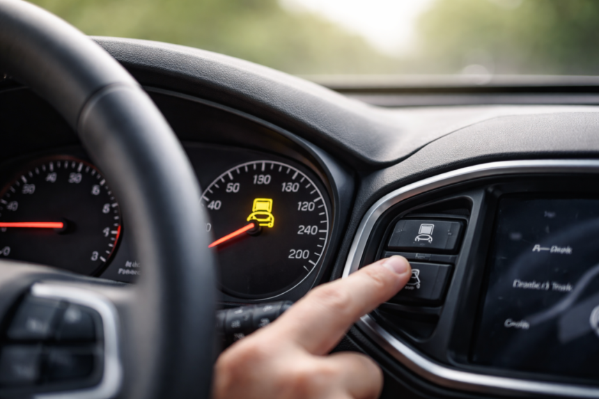 Driver checking Stabilitrak warning light on a GM vehicle dashboard