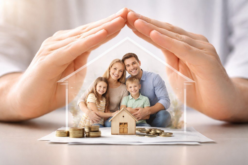 Family trust document with house keys, legal papers, and financial planning materials on a desk