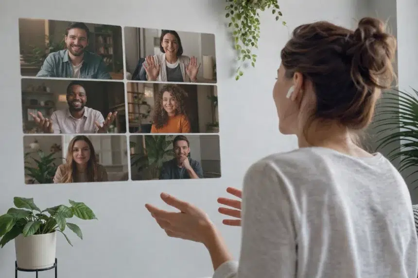 A group of remote developers using the Zoomdev.us platform to collaborate on a software project through cloud-based environments.