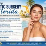 Informational flyer about plastic surgery in Florida, highlighting care locations, popular procedures, surgeon selection, and recovery planning with a beach backdrop.