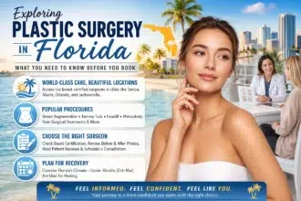 Informational flyer about plastic surgery in Florida, highlighting care locations, popular procedures, surgeon selection, and recovery planning with a beach backdrop.
