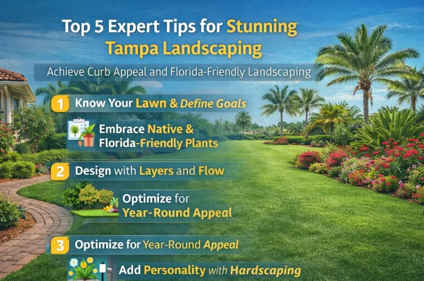 Top 5 expert tips for stunning Tampa landscaping with curb appeal, Florida-friendly plants, layered design, year-round optimization, and hardscaping.